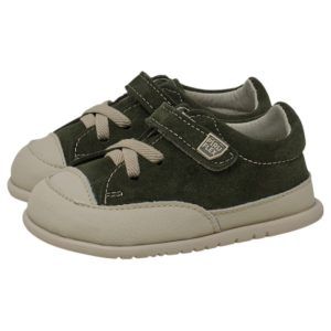 Zapato respetuoso infantil piel reciclada Piruflex 1012 en arena con velcro de banda ancha, vista lateral