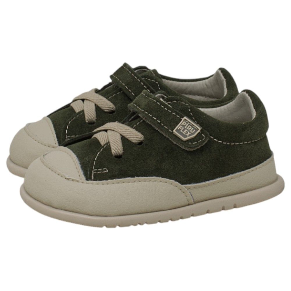 Zapato respetuoso infantil piel reciclada Piruflex 1012 en arena con velcro de banda ancha Zapato respetuoso infantil piel reciclada Piruflex 1012 en arena con velcro de banda ancha, vista lateral