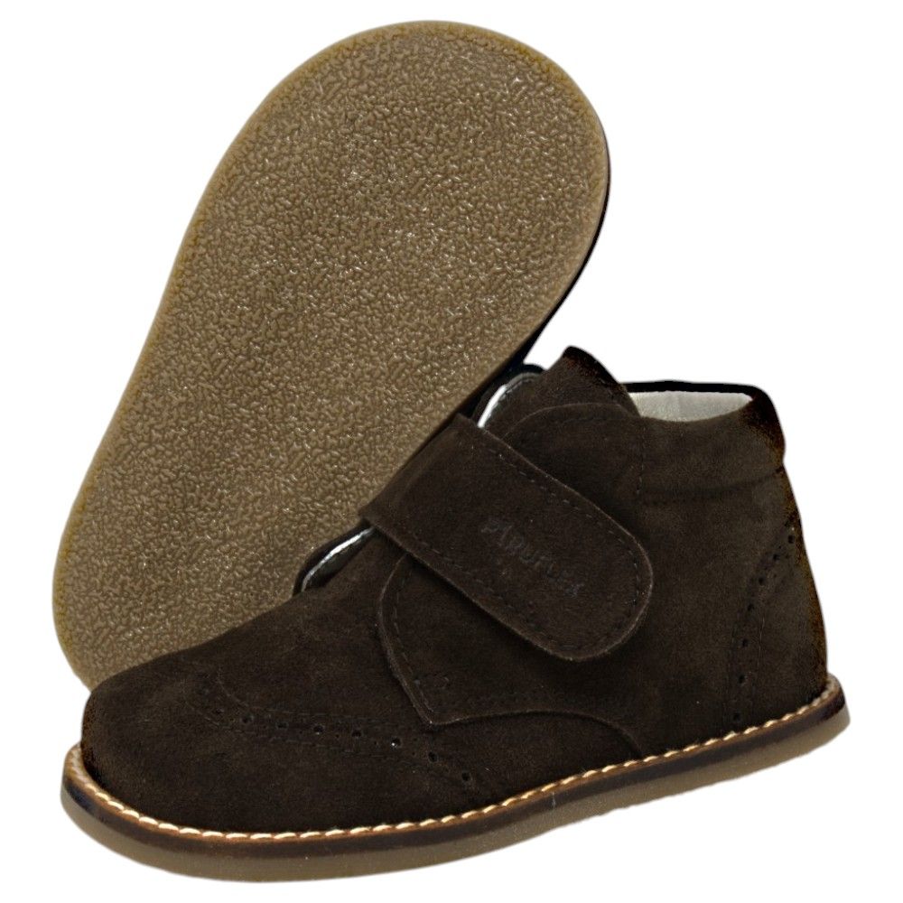 Botas de vestir respetuosas niño Piruflex 176S en marrón, piel reciclada con velcro, vista lateral