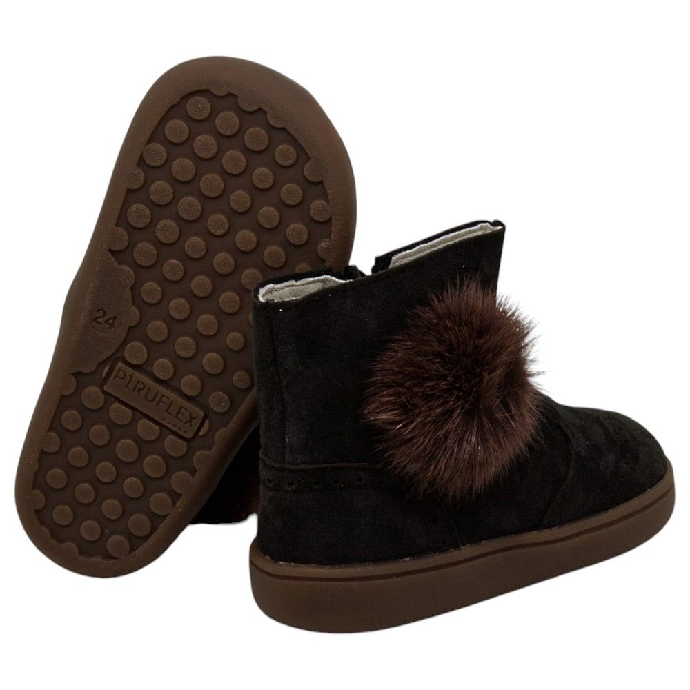 Botas respetuosas niños pompón en piel reciclada Piruflex — Gris Botas respetuosas niños pompón Piruflex en gris, piel reciclada con cremallera, vista lateral