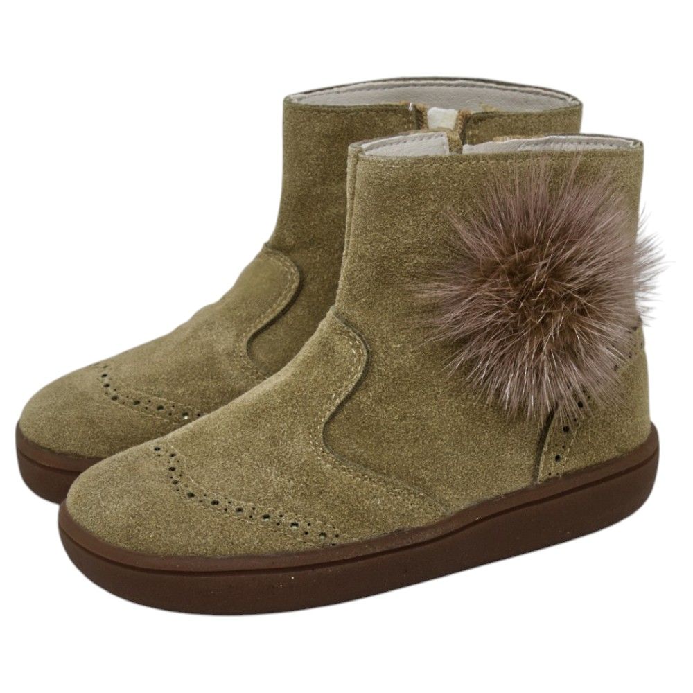 Botas respetuosas niños pompón en piel reciclada Piruflex — Arena Botas respetuosas niños pompón Piruflex en arena, piel reciclada con cremallera, vista lateral