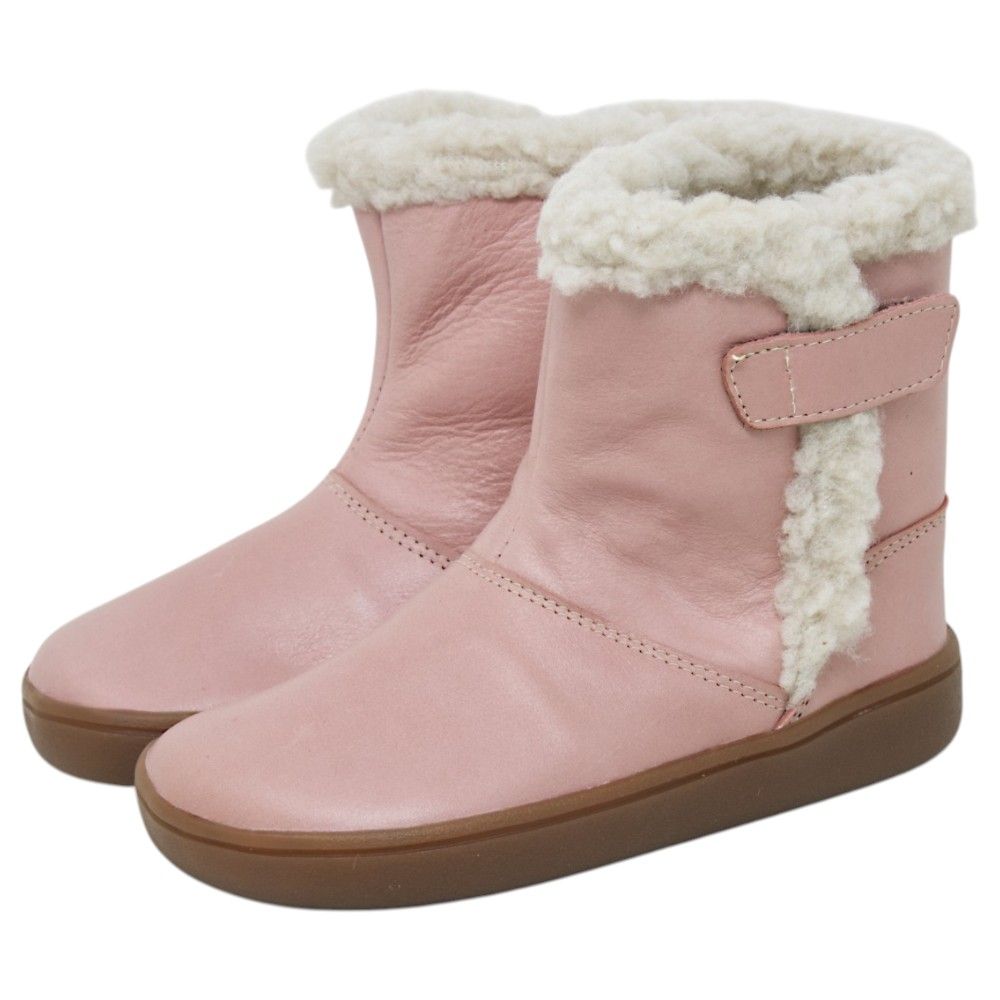 Botas respetuosas niños pelo en piel y velcro Piruflex — Rosa Botas respetuosas niños pelo Piruflex en rosa, piel con velcro y detalle de pelo, vista lateral