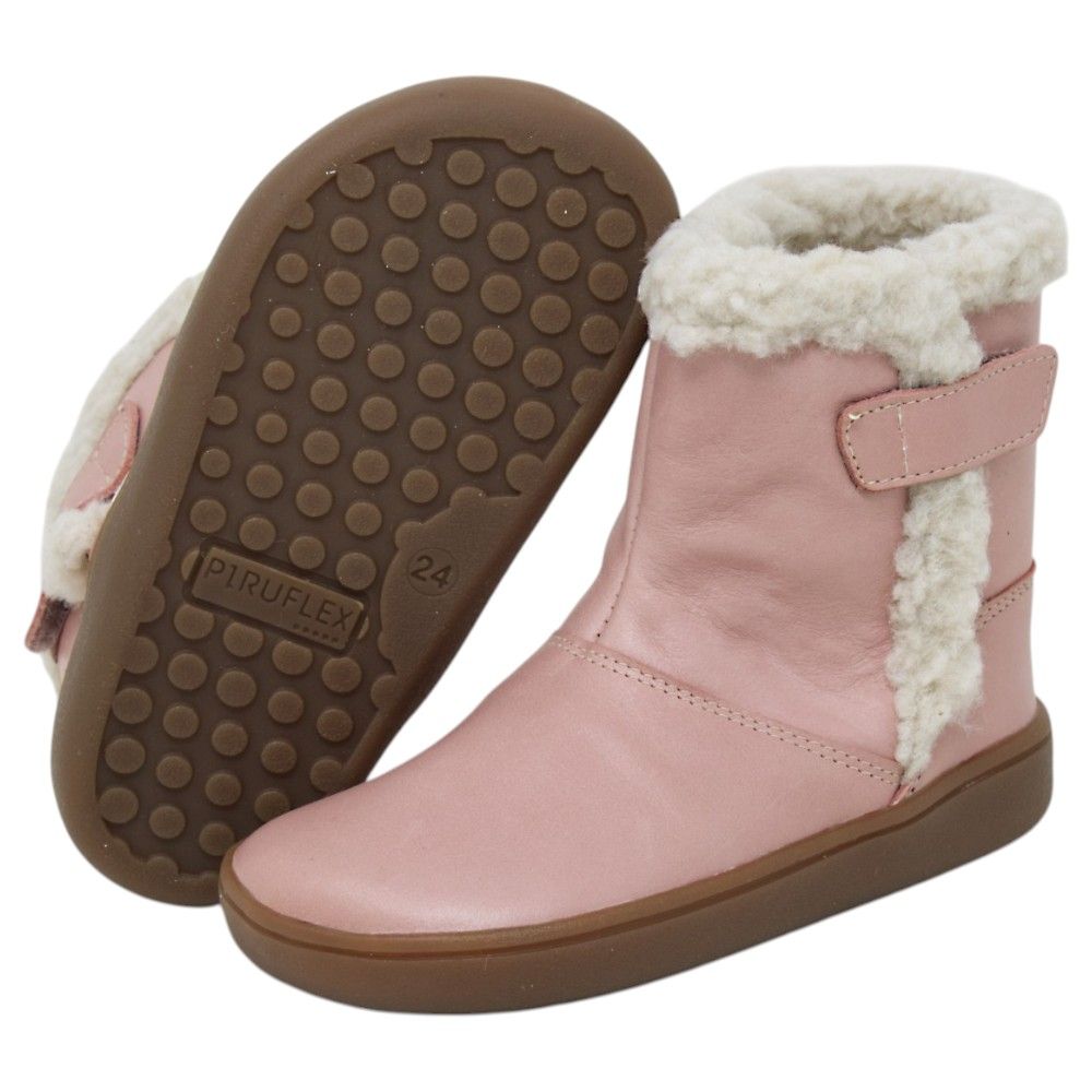 Botas respetuosas niños pelo en piel y velcro Piruflex — Rosa Botas respetuosas niños pelo Piruflex en rosa, piel con velcro y detalle de pelo, vista lateral