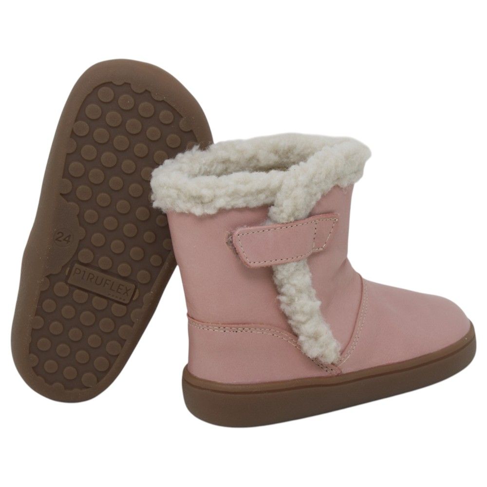 Botas respetuosas niños pelo en piel y velcro Piruflex — Rosa Botas respetuosas niños pelo Piruflex en rosa, piel con velcro y detalle de pelo, vista lateral