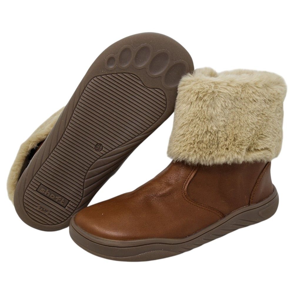 Botas respetuosas niños cuello pelo en piel Piruflex — Marrón Botas respetuosas niños cuello pelo Piruflex en marrón, piel con velcro y cuello de pelo, vista lateral